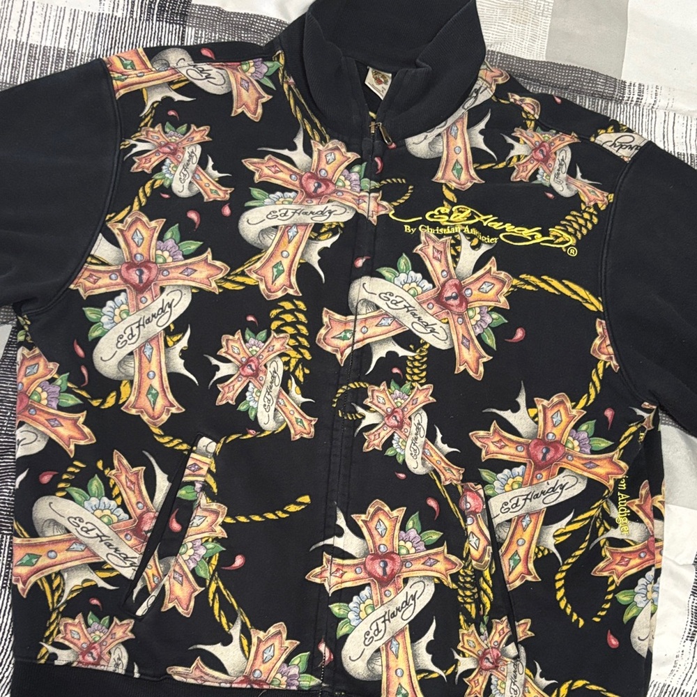Ed Hardy Black Jacket with Colorful Cross Designs